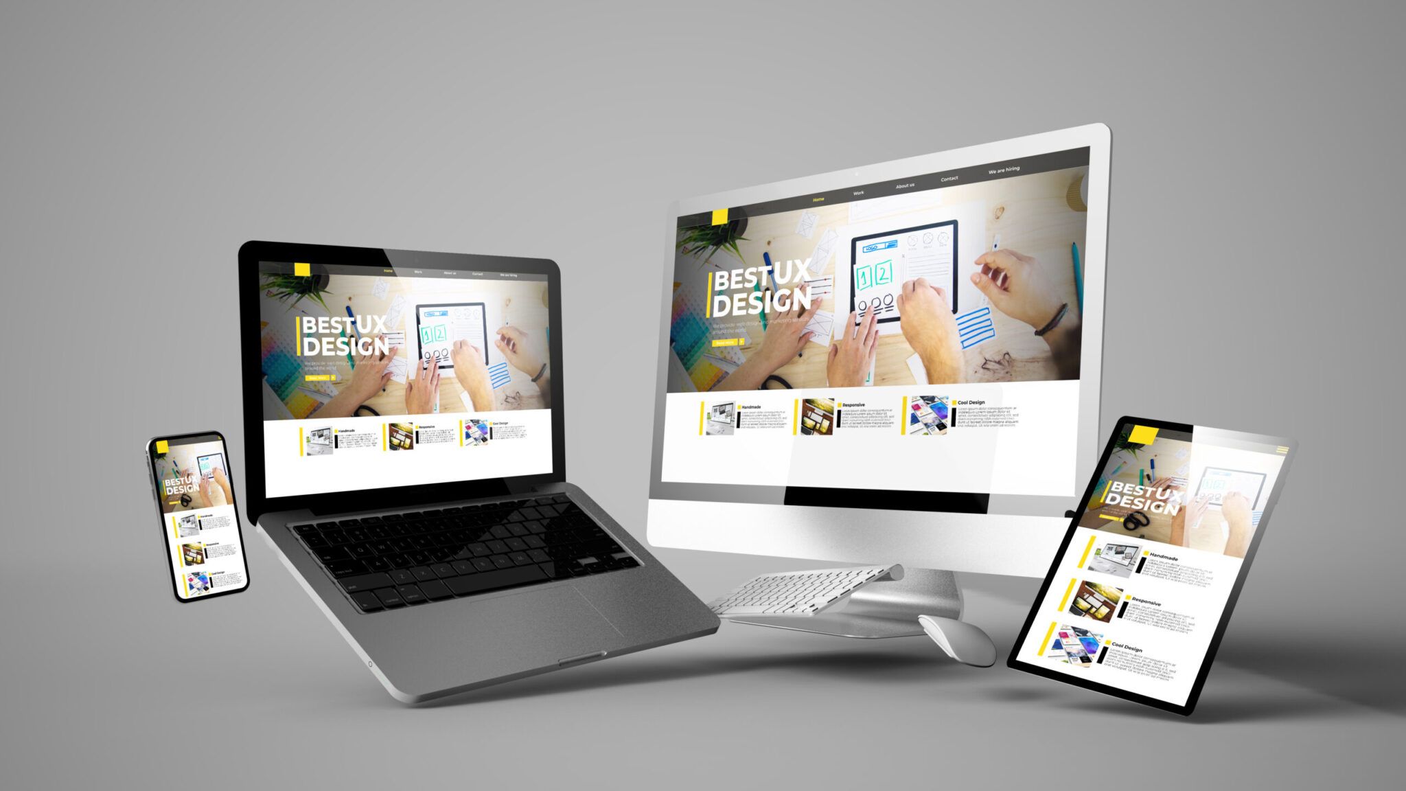 Mehrere elektronische Endgeräte mit darauf zu sehendem User Experience Design und 3D-Rendering