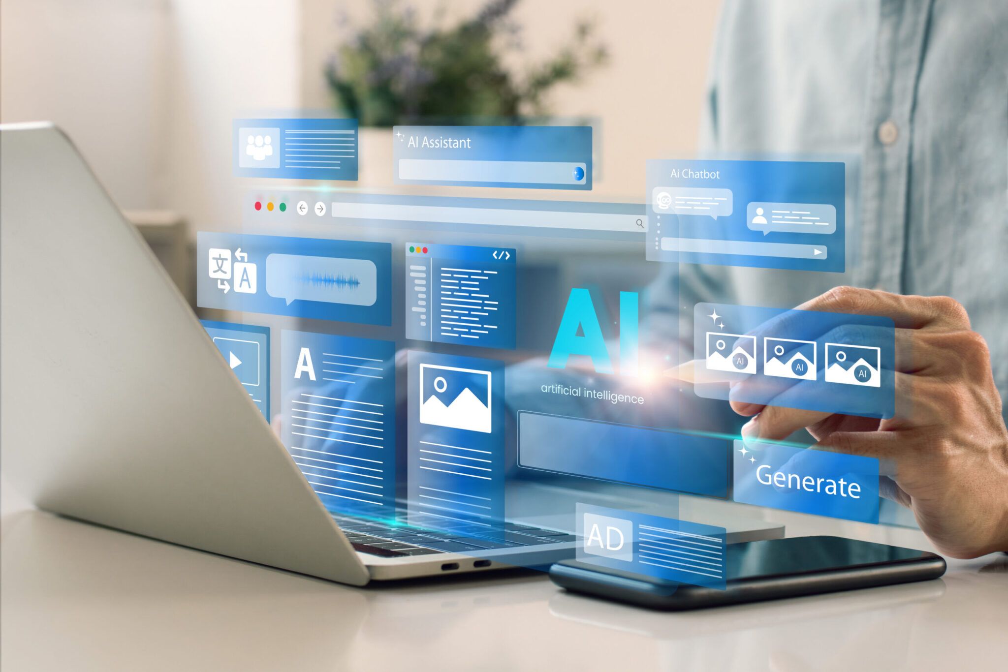 Ein Mann nutzt einen Laptop, um mit einem KI-Assistenten zu interagieren. Die KI bietet Funktionen wie Chatbot, Bilder generieren, Code schreiben, Schreibbot, Übersetzen und Werbung